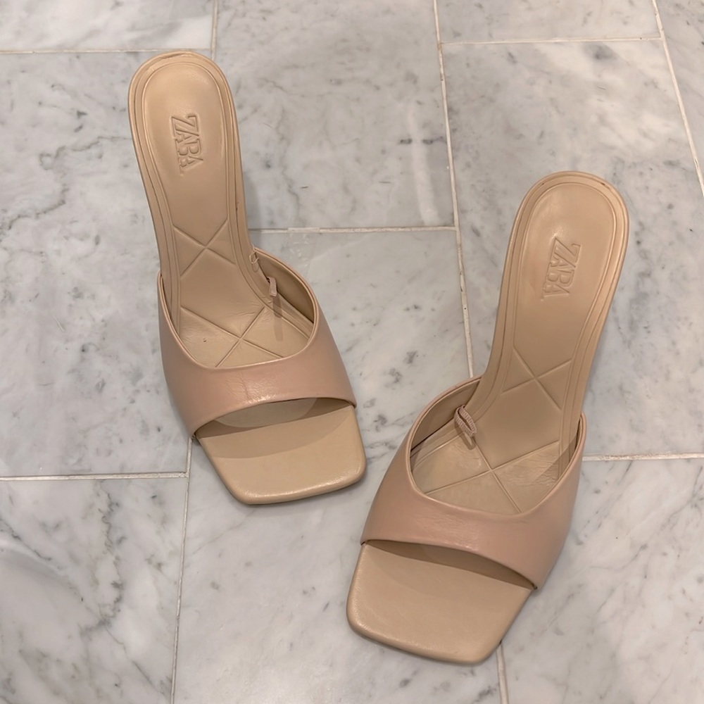 Zara square toe mules pumps nude leather